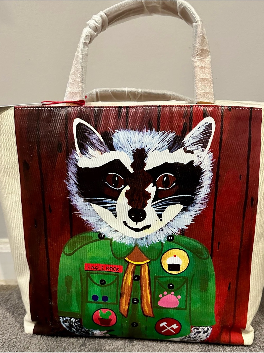Canvas Tote Bag with Playful Raccoon Print in Green and Red